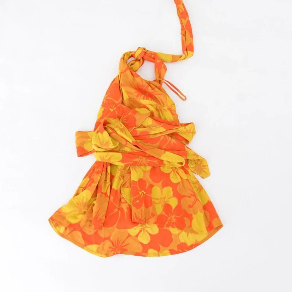 Faithfull The Brand Odette Mini  Dress Surfs Up Orange & Yellow Floral Print S - Picture 2 of 9